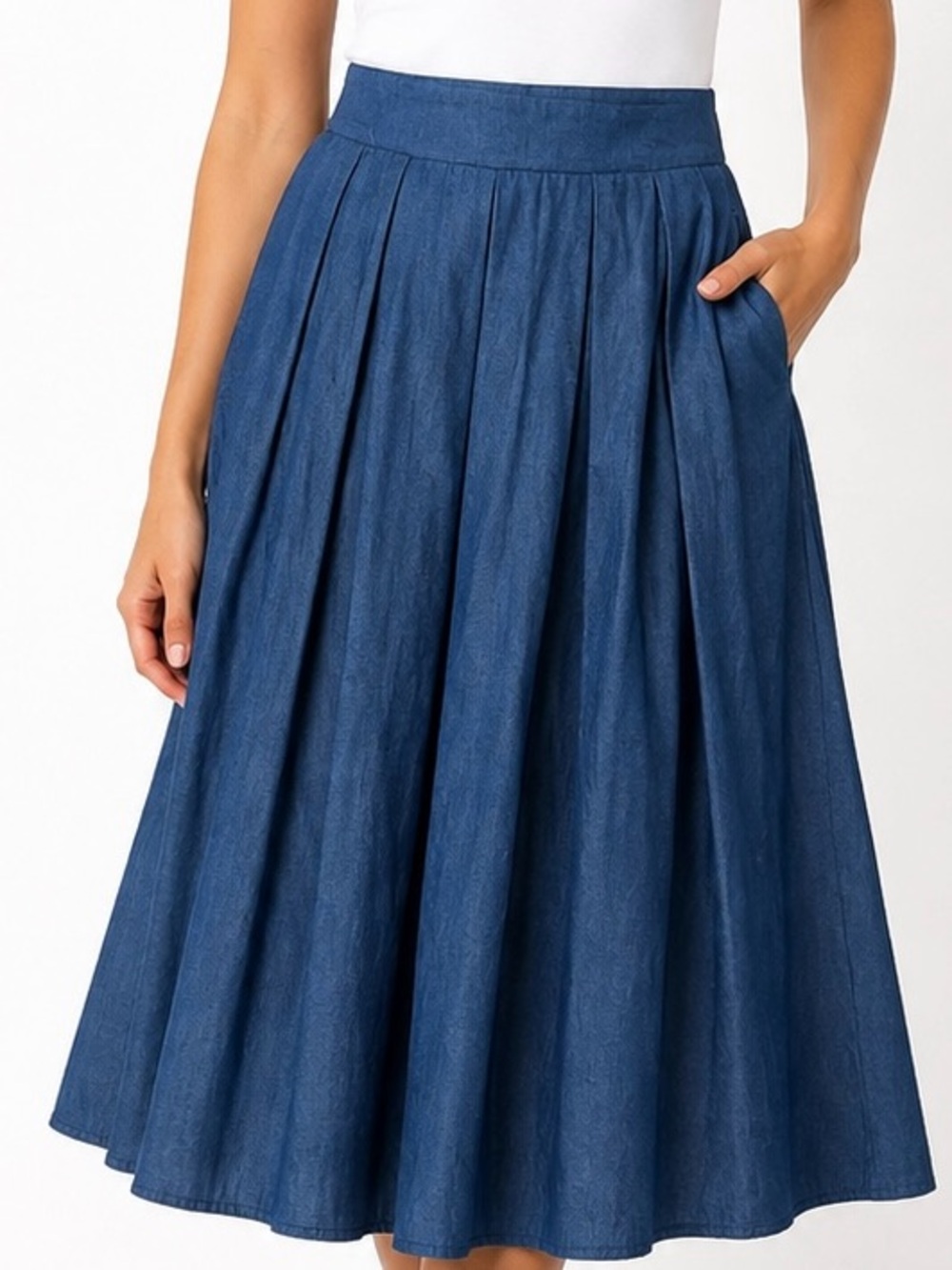 Comme Toi Pleated Denim Chambray Midi Skirt L NWOT 100% Cotton